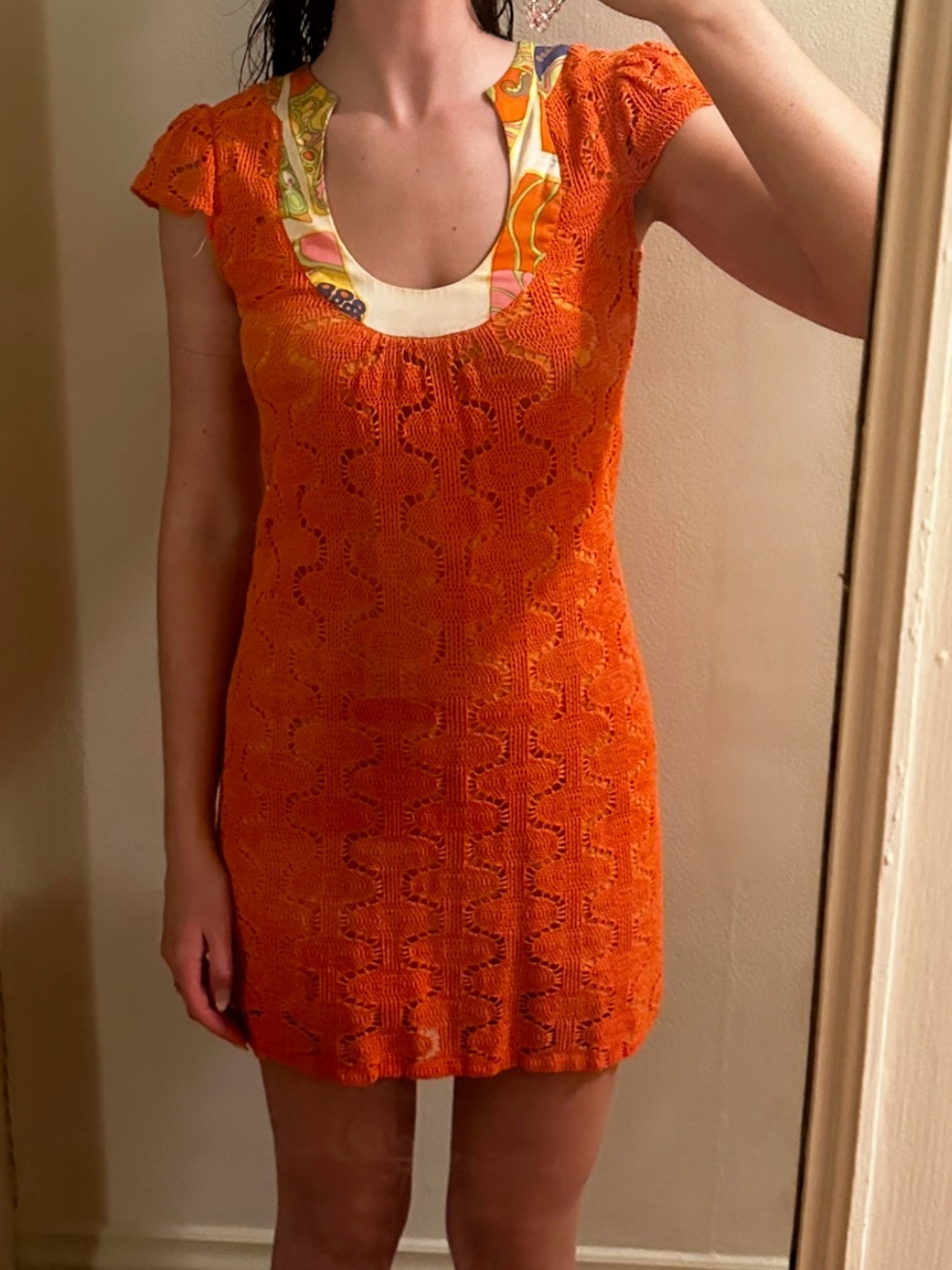 Orange Crochet Mod Trina Turk Knit Scoop Neck Women's Top